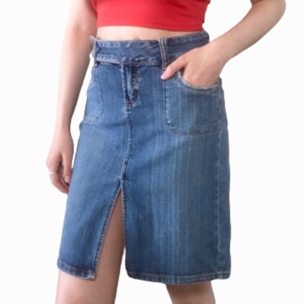 Vintage Y2K Front Slit Midi Denim Jean Skirt